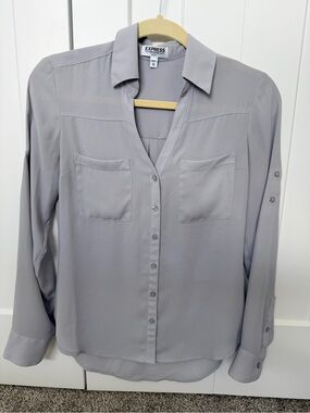 Express Portofino Slim Fit Light Gray Button-Down Blouse